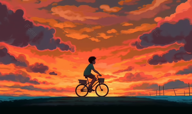 夕阳下的壁纸海边骑自行车的男孩手绘插画背景图,插画/手绘图,插画/手绘图库,插画/手绘图下载,插画/手绘